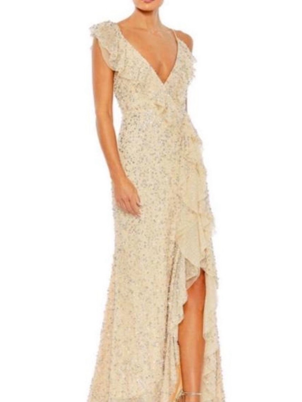 Mac Duggal Size 8 Nude Sequin Lace Ruffle Formal Maxi Gown
